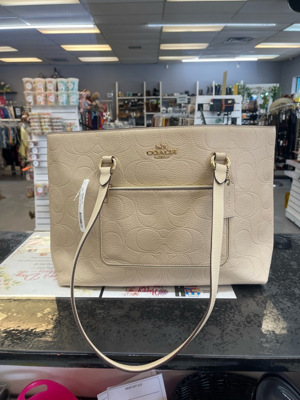 Coach Beige Embossed Leather Tote with Gold Hardware